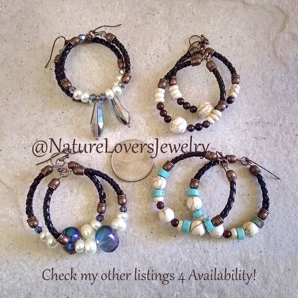 Rustic SouthWestern Flair! Leather + Jasper + Turquoise Howlite Hoop Earrings - Picture 10 of 11